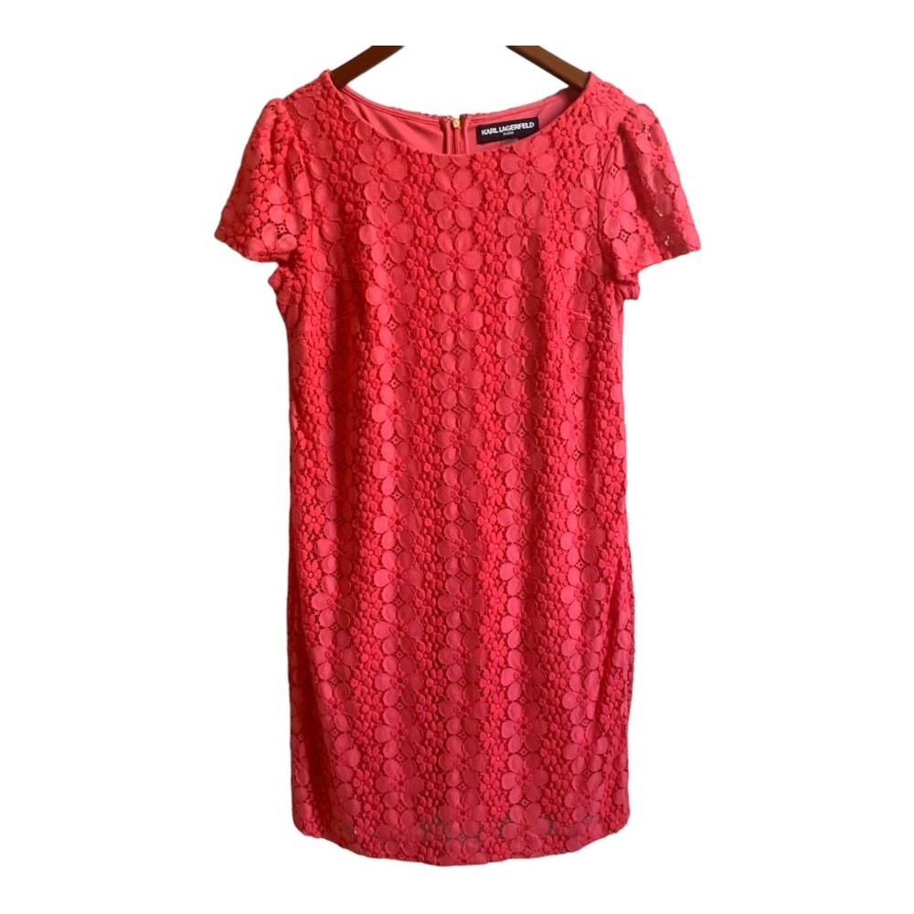 Karl Lagerfeld Dress 12 Women's Pink Short Sleeve Lined Cut Out Floral Back Zip